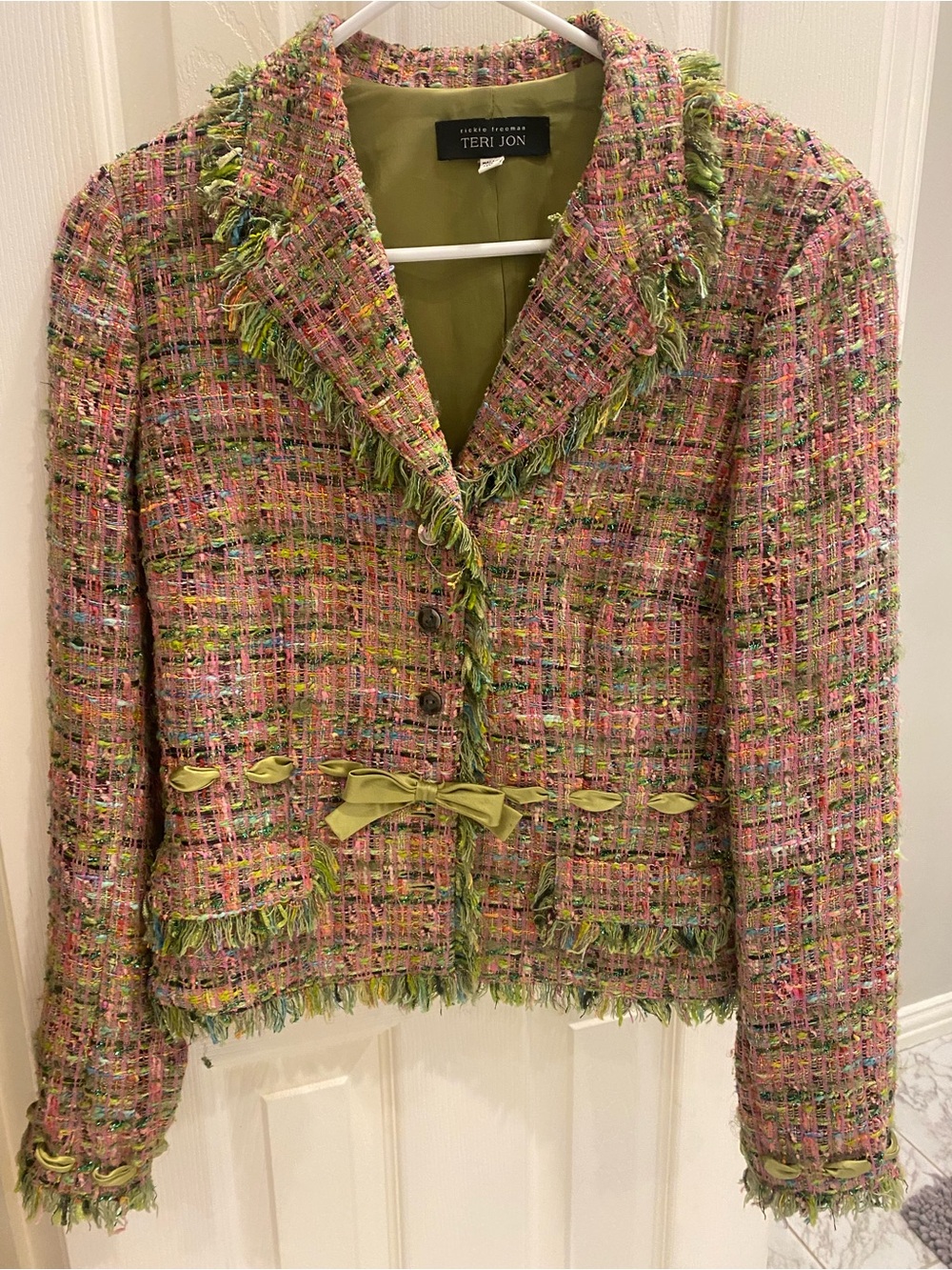 Teri Jon Pink & Green Tweed Fringe Bow Jacket